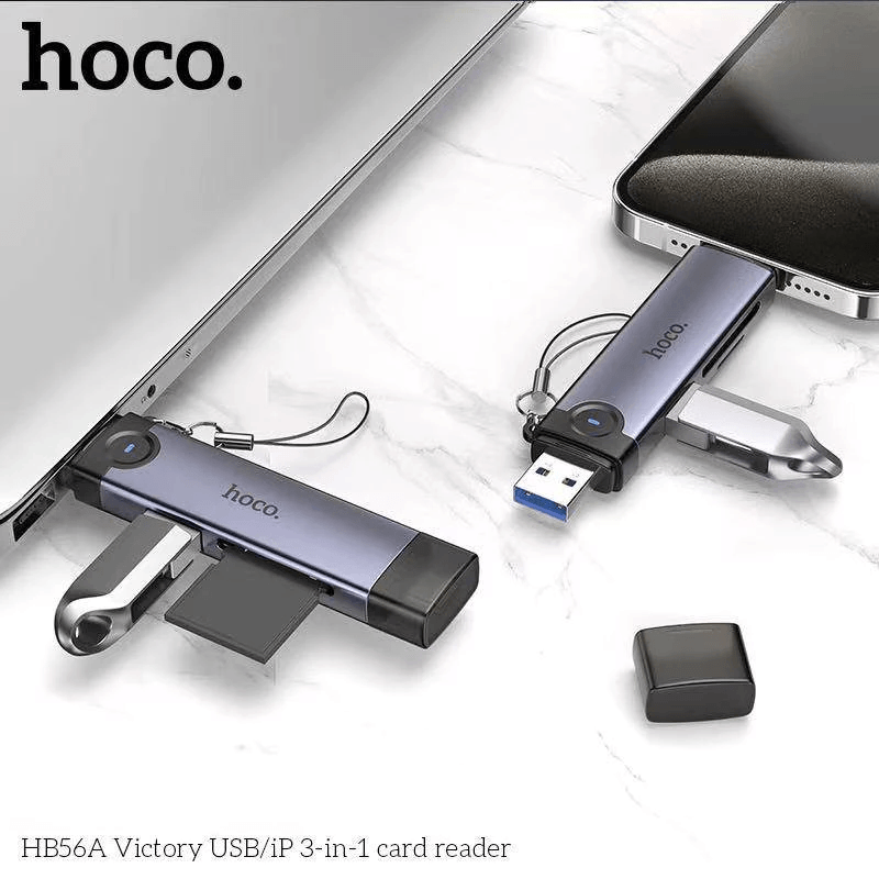 การ์ดรีดเดอร์ 3IN1 HOCO HB56A USB + IOS LIGHTNING อ่าน SD CARD, MICRO SD CARD, USB FLASH DRIVE รองรับ OTG ความเร็วสูง 5GBPS